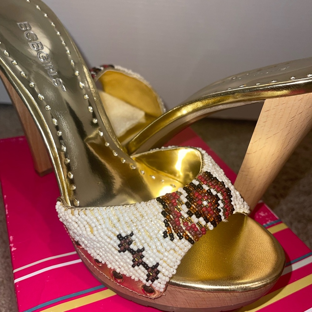 Brand new gold and white BCBG open toe heels